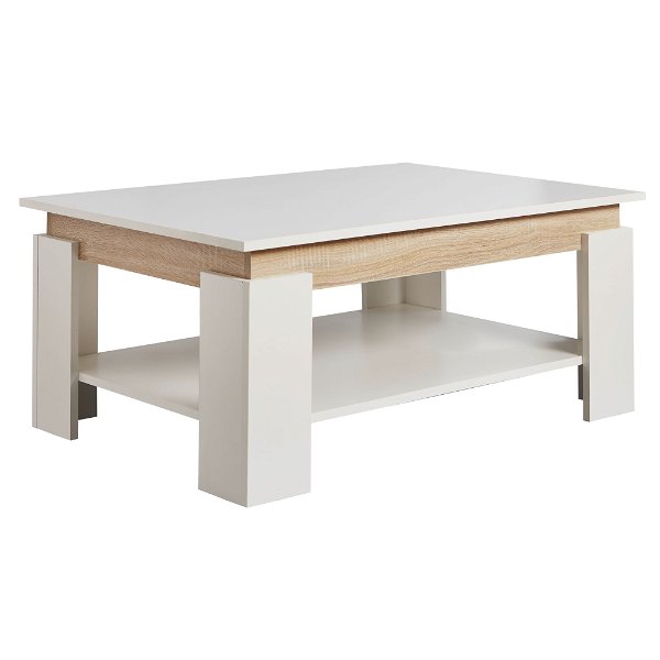 Design Couchtisch 86,5x40x58,5 cm Wohnzimmertisch in Weiß | Sofatisch mit Ablage | Tisch Rechteckig mit Sonoma Blende