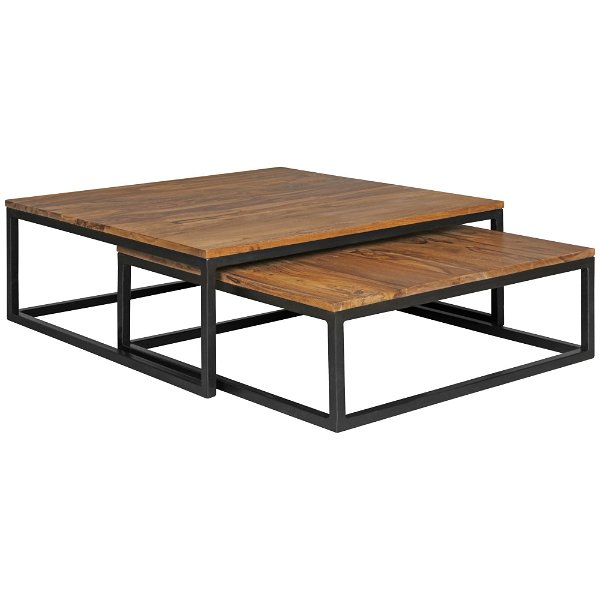 Couchtisch AKOLA 2-teilig Massivholz 75 x 75 x 27 cm | Design Wohnzimmertisch Sheesham Holz | Wohnzimmer Lounge Tisch Massiv mit Metall Beinen