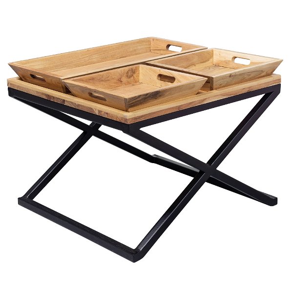 Couchtisch 60x47,5x60 cm Akazie Massivholz / Metall Tabletttisch | Design Wohnzimmertisch Quadratisch | Sofatisch Massiv | Kleiner Tisch Wohnzimmer