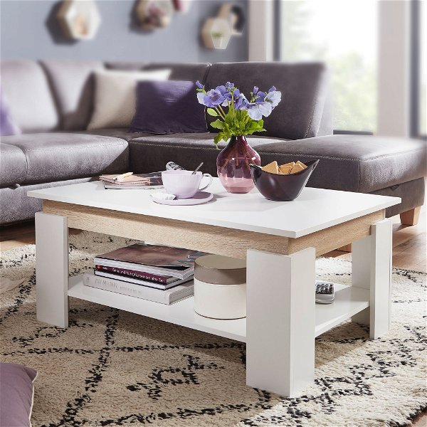 Design Couchtisch 86,5x40x58,5 cm Wohnzimmertisch in Weiß | Sofatisch mit Ablage | Tisch Rechteckig mit Sonoma Blende