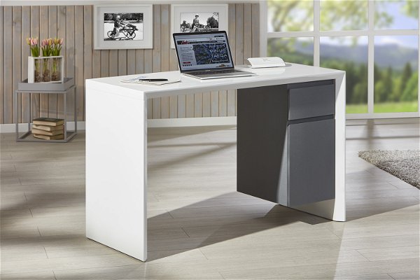 Schreibtisch 1 Schublade 1 Tür 120 x 50 cm Hochglanz weiß grau L-Mex