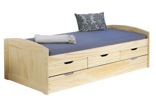 Jugendbett Funktion-Bett 2. Schlafmöglichkeit ausziehbar Schubfächer Lattenrost Holz natur L-Morsela