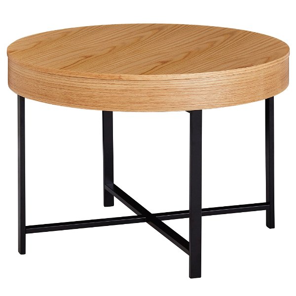 Design Couchtisch Rund Ø 69 cm mit Eichen Optik Tisch mit Stauraum | Lounge-Wohnzimmertisch mit Metallbeine | MDF Beistelltisch