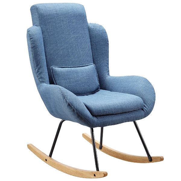 Schaukelstuhl CAPRI Blau Design Relaxsessel 75 x 110 x 88,5 cm | Sessel Stoff / Holz | Schwingsessel mit Gestell | Polster Relaxstuhl Schaukelsessel | Moderner Schwingstuhl | Hochlehner