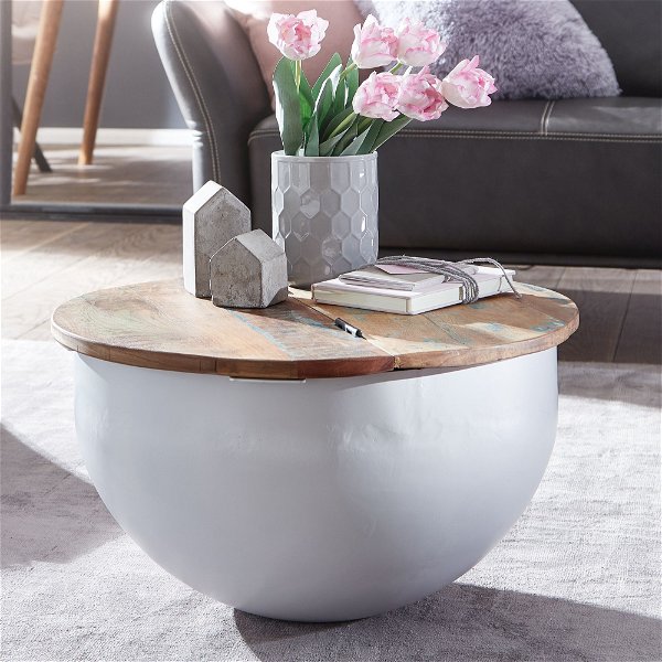Couchtisch Mango 60x34x60 cm Massivholz Metall Tisch Weiß Industrial Rund | Design Wohnzimmertisch mit Stauraum | Loungetisch Sofatisch Modern
