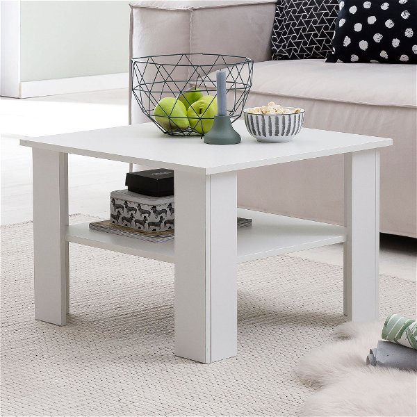 Couchtisch WL5.834 Weiß 60x42x60 cm Design Holztisch mit Ablage | Wohnzimmertisch Coffee Table | Sofatisch Loungetisch Holz | Kaffeetisch Stubentisch mit Stauraum | Tisch Wohnzimmer